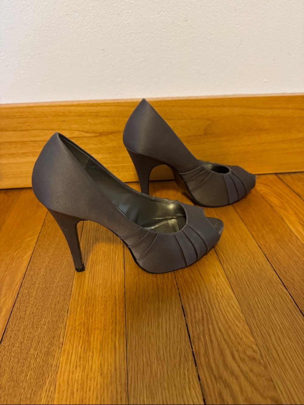 Kelly & Katie Gray Satin Peep-Toe Heels